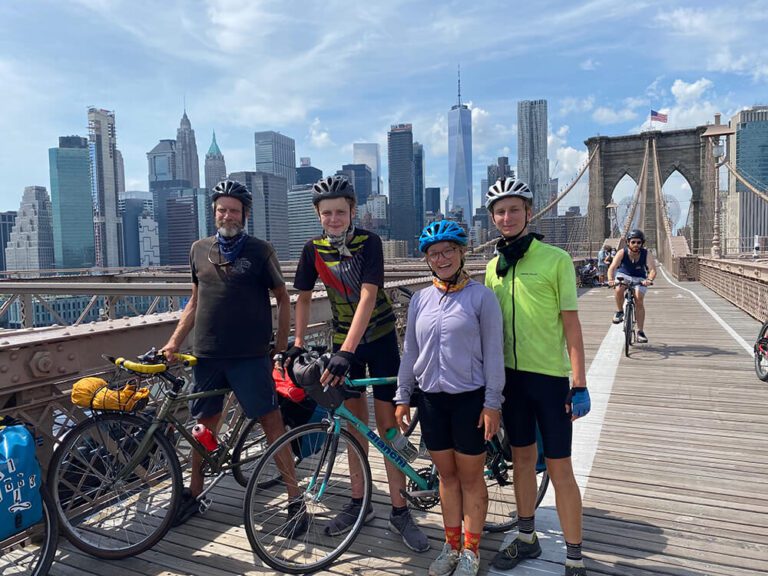 New York: Four California cyclists pedaled 52 days to cross the Brooklyn Bridge and reach the Atlantic Ocean.