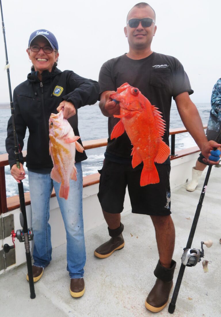 BIG CHUCKS AND REDS for WON-Eldorado charter while fishing off San Nicolas Island. New angler, Cee Del Toro, left, shows her first-ever chucklehead while seasoned fisherman Eddie Munoz displays his bigger model red.