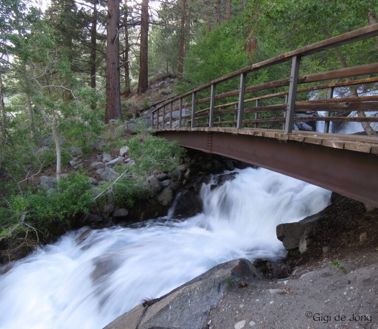 An easy hike of 1/4-mile take you to the bridge over First Falls along Big Pine Creek