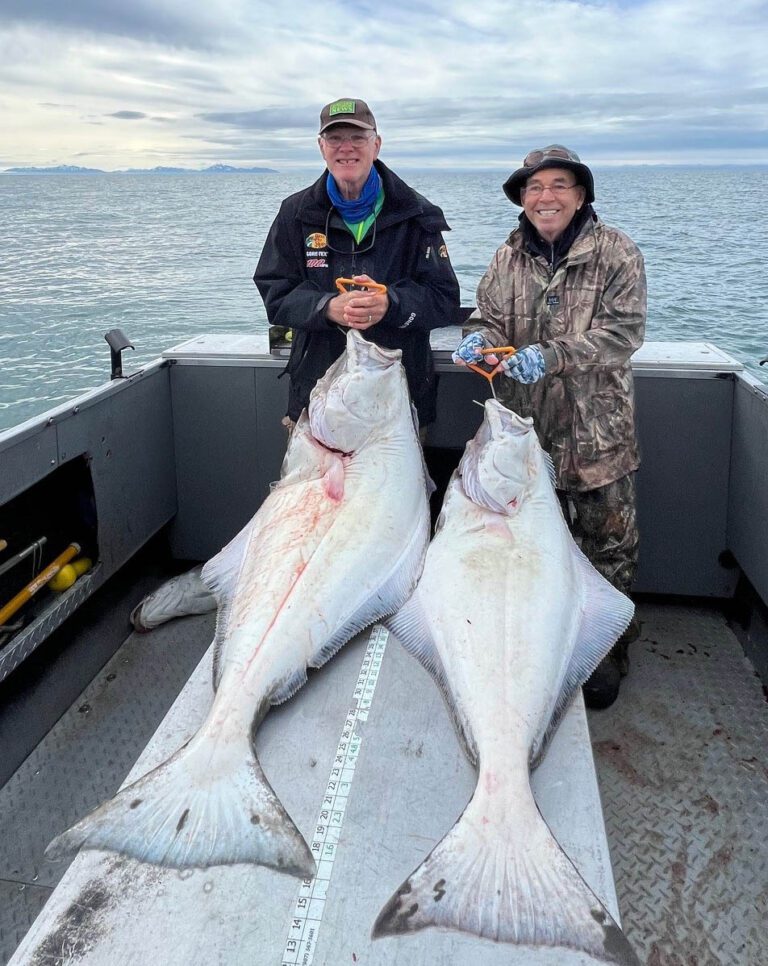 PERSONAL BEST HALIBUT, Ted Reed’s fish at 100-pounds plus, left, and Bill Fontana’s 75-pound flatty made the top of the list for our Alaskan Fishing Adventure.