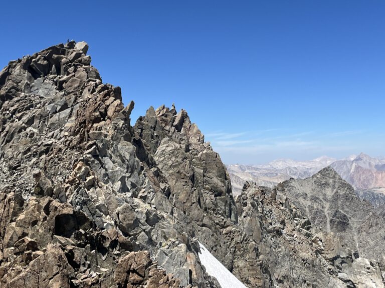 Palisades range climbers earn this view of Thunderbolt Peak, Starlight Peak and North Palisade.