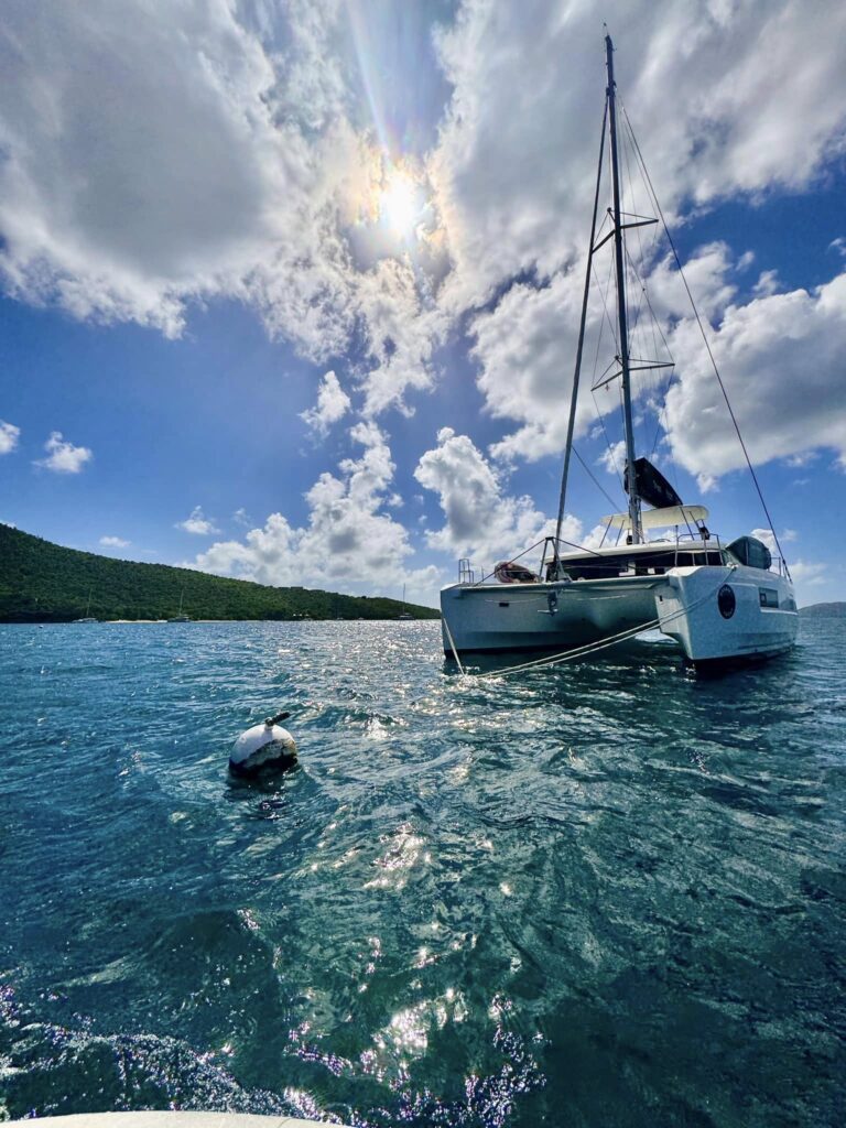The Lagoon 46 catamaran on anchor in Caneel Bay on the northwest end of St. John Island. (Carrie Wilson photo)