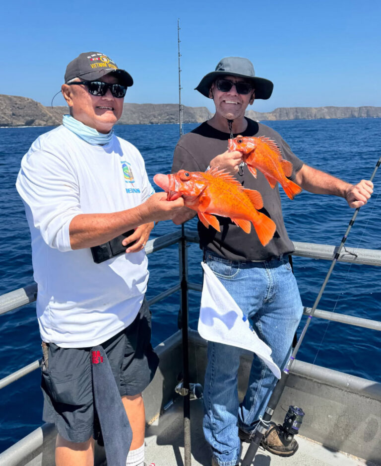 CHANNEL ISLANDS REDS for Vietnam Vet and WON associate, Dennis Yamamoto, left, and angler Kevin Wylie, fishing Operation Anacapa with Mission F.I.S.H.