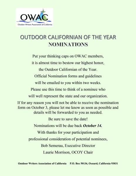 Outdoor Writers Association of California  to Honor  Outdoor Californian of the Year