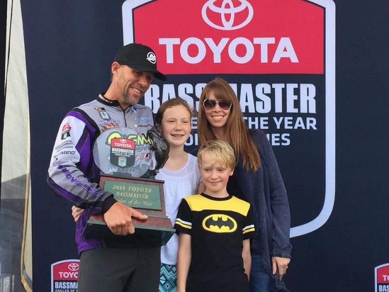 THE MARTENS FAMILY celebrates Aaron’s taking the trophy for the 2015 Bassmaster Angler of the Year, the third time he earned that coveted title.